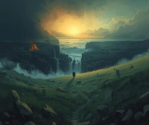 Sunlight breaking through mountain peaks – symbolizing the third aett, spiritual clarity, and completion in the runic journey