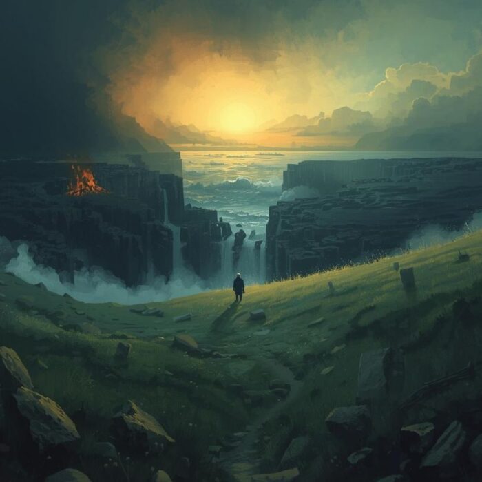 Sunlight breaking through mountain peaks – symbolizing the third aett, spiritual clarity, and completion in the runic journey