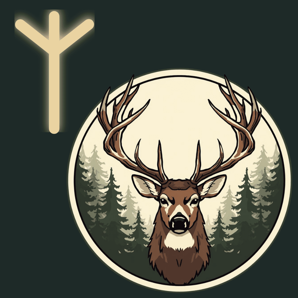 Illustrated Algiz rune depicting a stag with antlers standing alert within a circular frame, symbolizing protection, awareness, and boundaries.