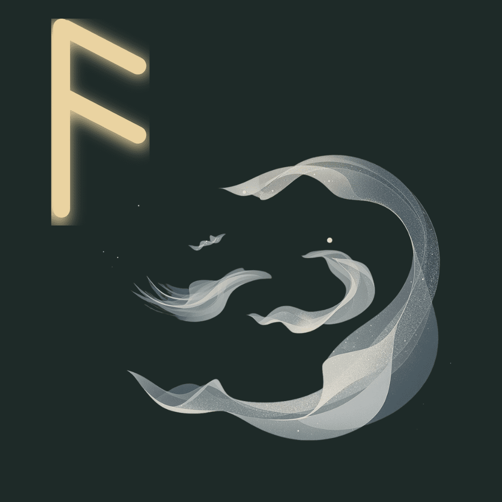 Symbolic illustration of Ansuz representing wisdom, breath, and inspired communication through flowing air-like forms.