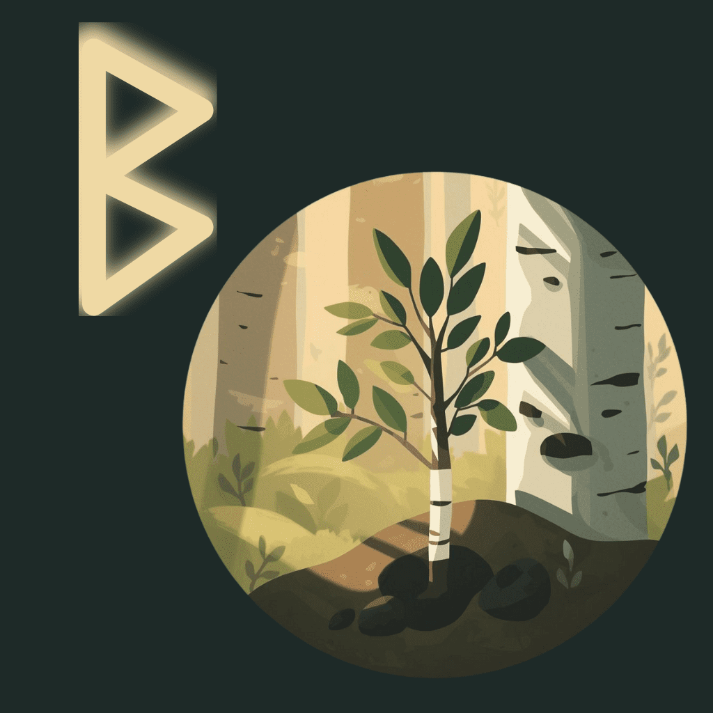 Berkana rune illustrated as a young birch tree growing from fertile earth, symbolizing renewal, growth, and nurturing beginnings