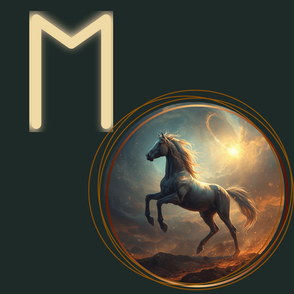 Ehwaz rune illustrated as a mythic horse in motion, symbolizing trust, cooperation, and movement between worlds