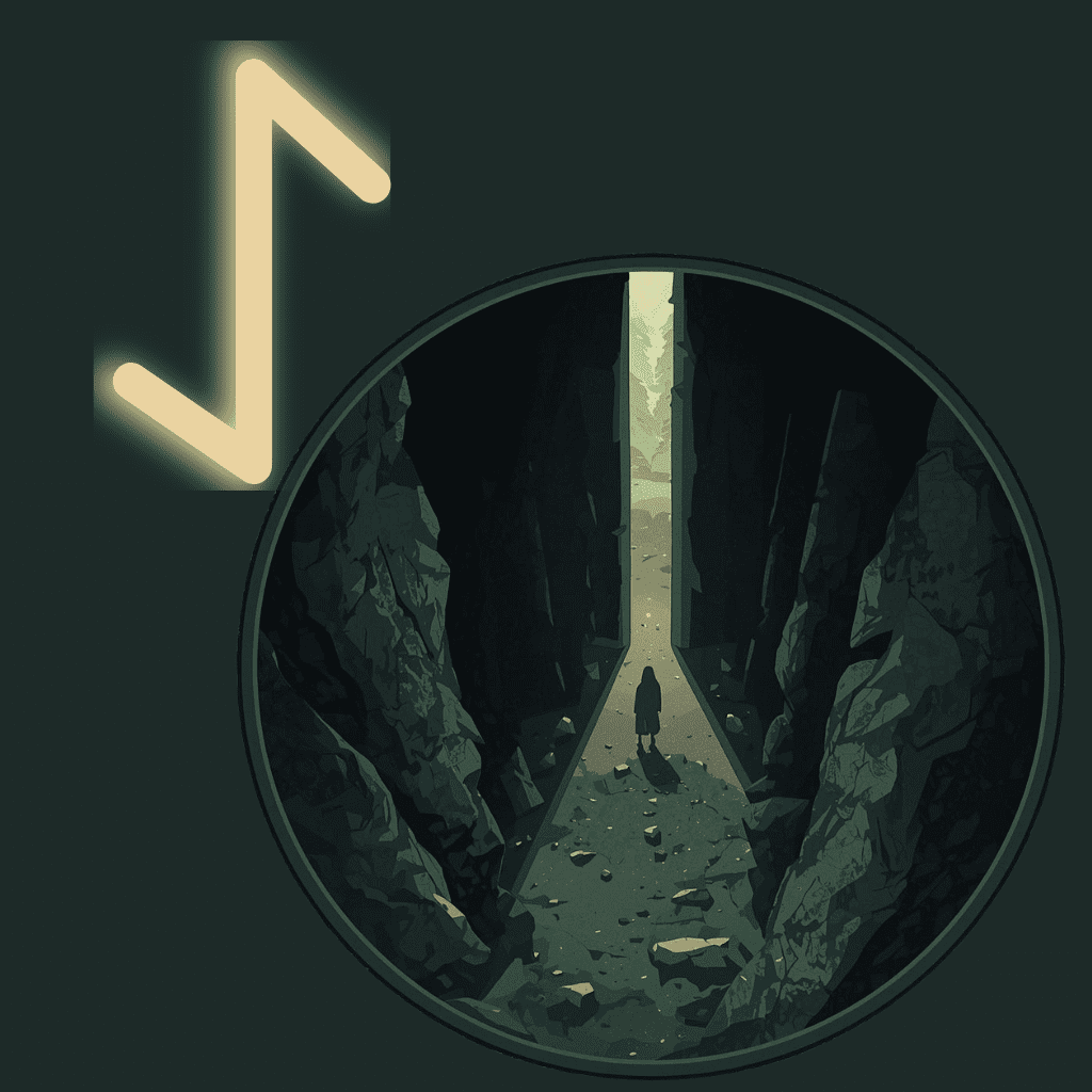 Illustrated Eihwaz rune showing a dark stone passage descending into the earth within a circular frame, symbolizing endurance and the connection between life and death.