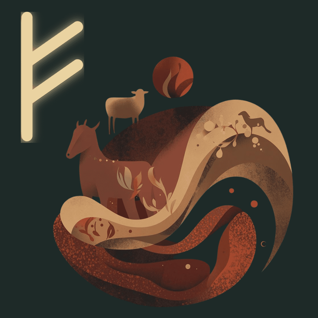 Symbolic illustration of the Fehu rune representing abundance, nourishment, and flowing resources in warm earthy tones.