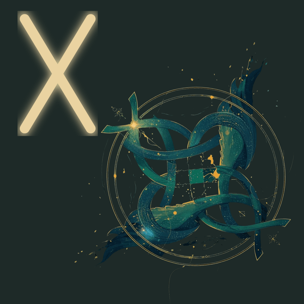 Symbolic illustration of Gebo representing living exchange, mutuality, and connection through flowing blue and green forms with golden accents.