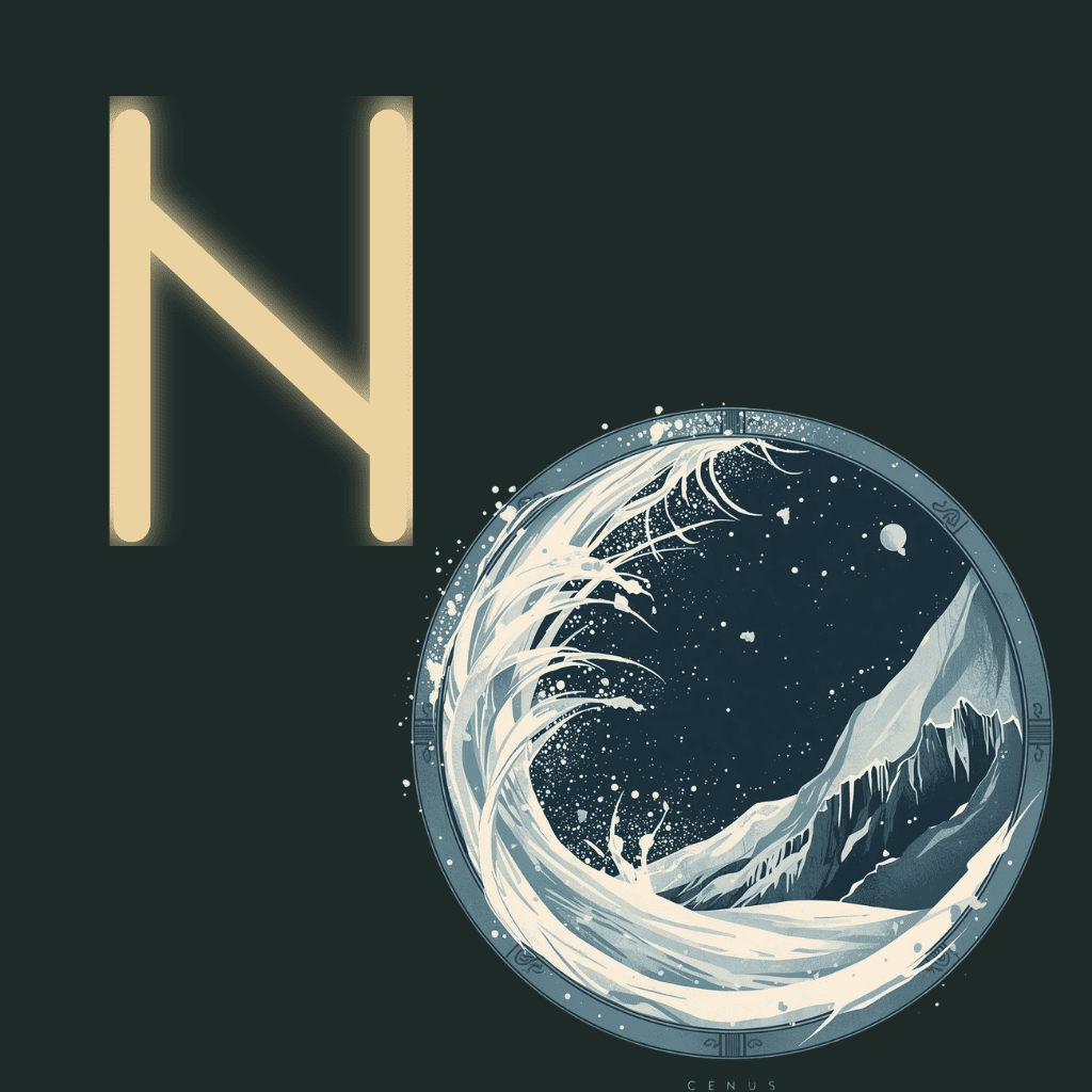 Illustrated Hagalaz rune showing a swirling hailstorm and ice within a circular frame, symbolizing disruption and uncontrollable natural forces.