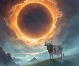 Mythic landscape with a dark sun and standing figure, symbolizing 1st Aett, stillness, survival, and inner threshold