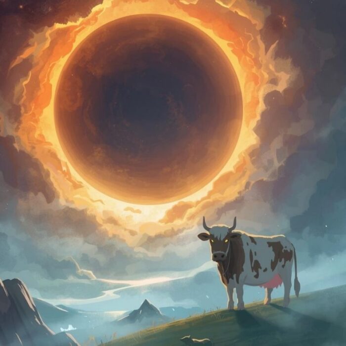 Mythic landscape with a dark sun and standing figure, symbolizing 1st Aett, stillness, survival, and inner threshold