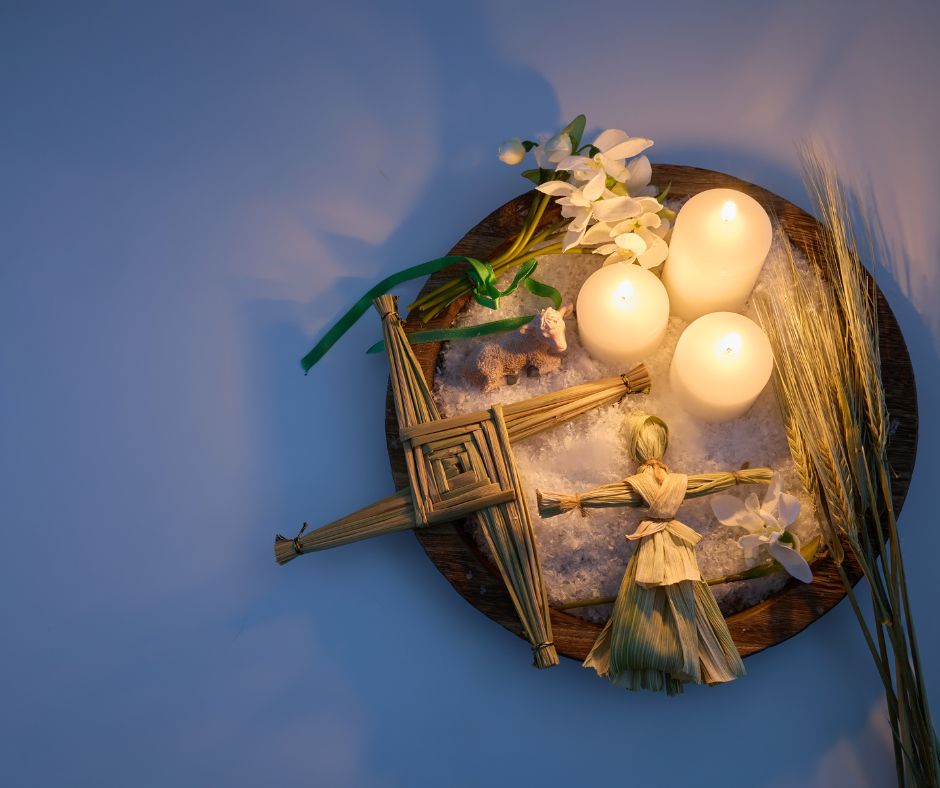 Imbolc altar with candles and spring symbols celebrating Celtic seasonal festival
