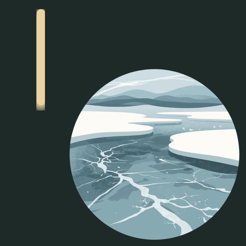 Illustrated Isa rune showing a frozen lake with cracks in the ice inside a circular frame, symbolizing stillness, suspension, and halted movement.