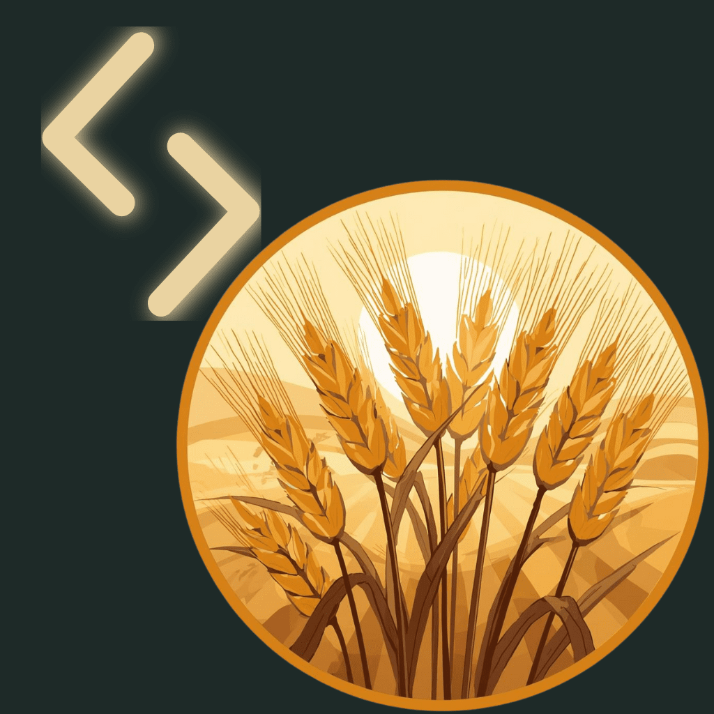 Illustrated Jera rune showing ripe grain heads growing together in warm sunlight within a circular frame, symbolizing cycles, harvest, and natural timing.
