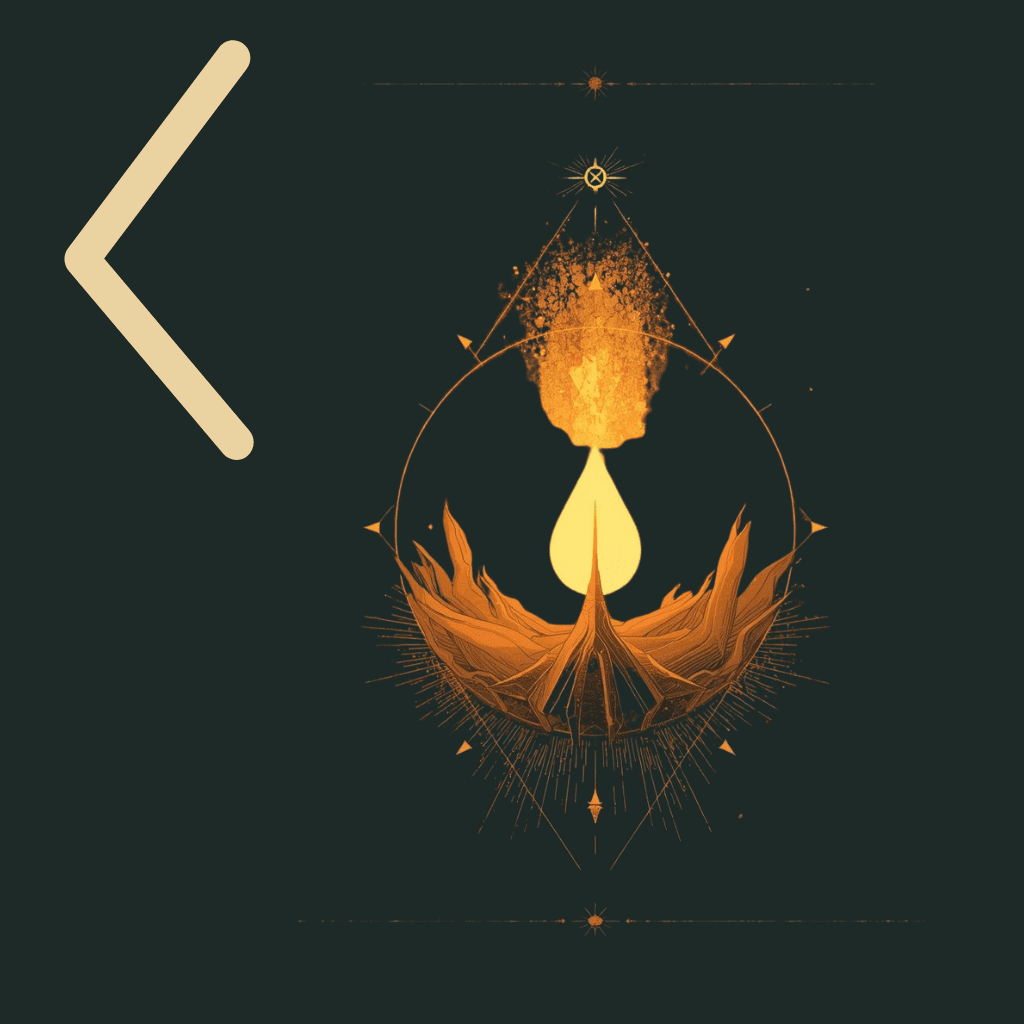 Symbolic illustration of Kenaz representing inner light, clarity, and focused illumination through a contained flame in dark tones.
