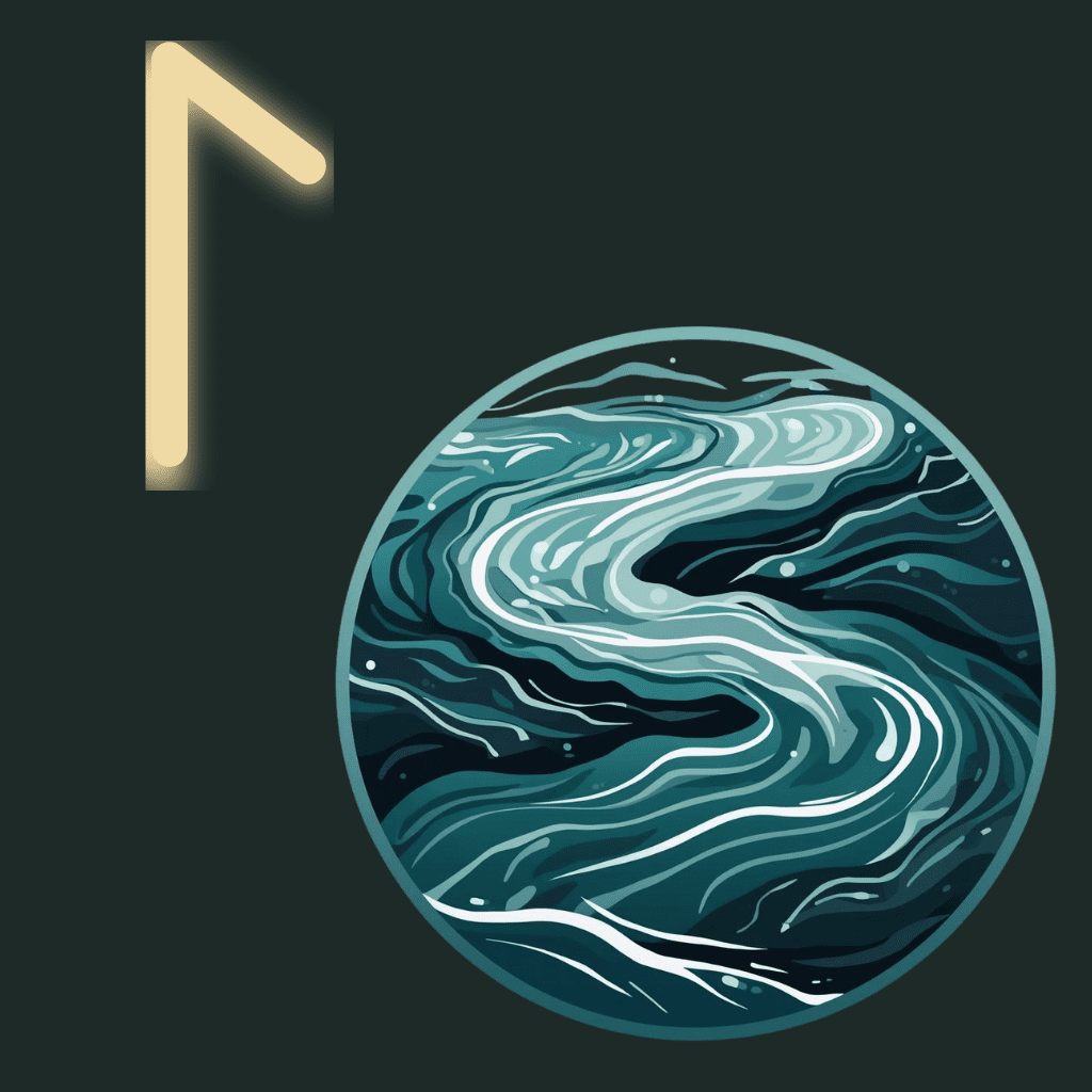 Laguz rune illustrated as flowing water currents within a circular form, symbolizing intuition, flow, and the movement of life energy