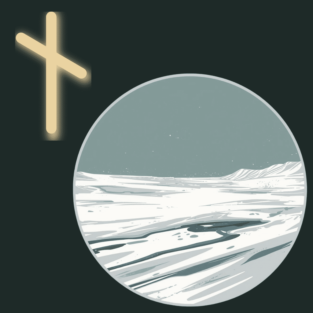 Illustrated Nauthiz rune depicting a vast empty frozen landscape within a circular frame, symbolizing necessity, lack, and endurance.