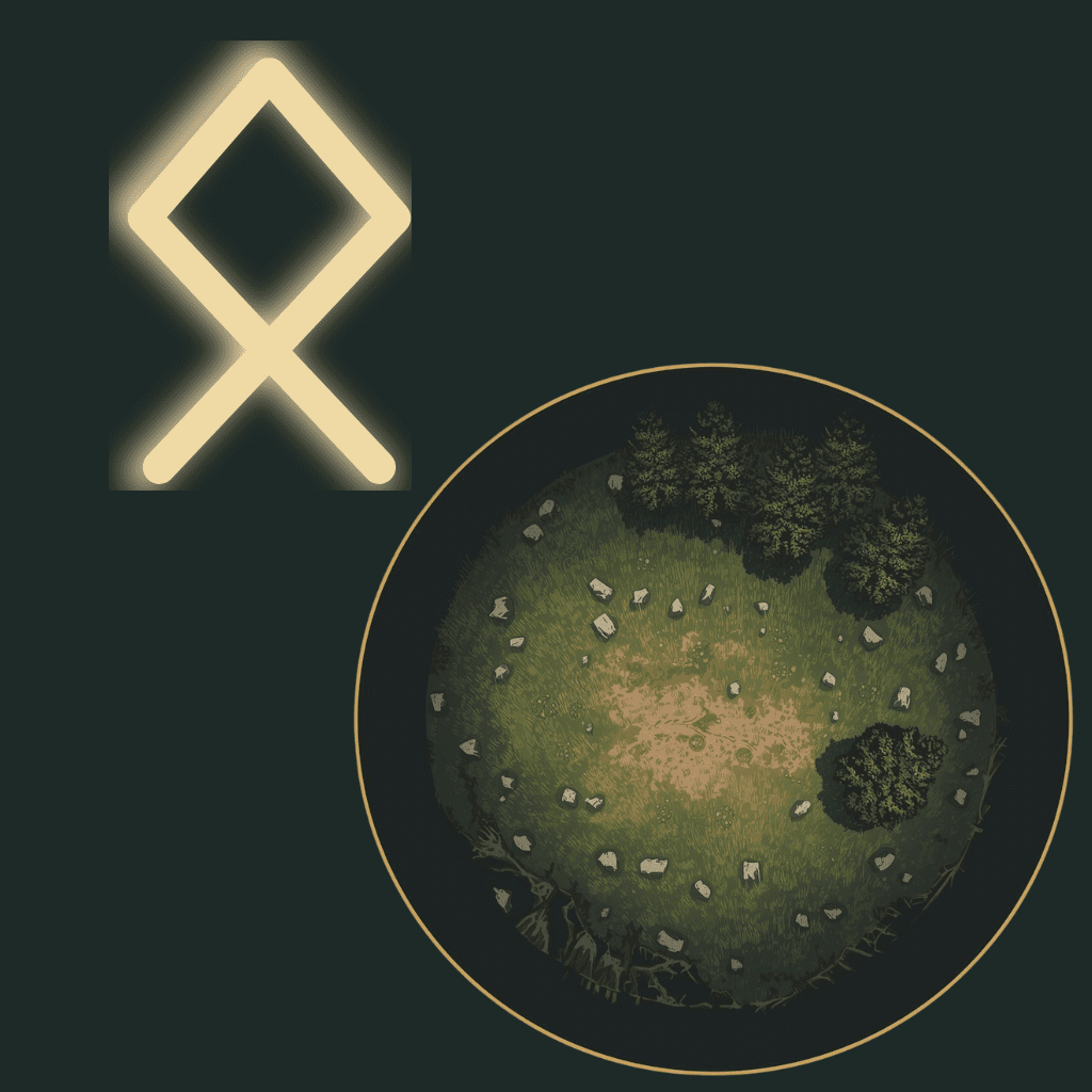Othala rune illustrated as a defined piece of land viewed from above, symbolizing inheritance, rooted belonging, and ancestral territory