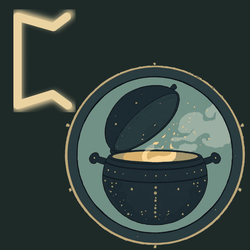 Illustrated Perthro rune showing a partially opened vessel revealing hidden contents within a circular frame, symbolizing unfolding, chance, and mystery.