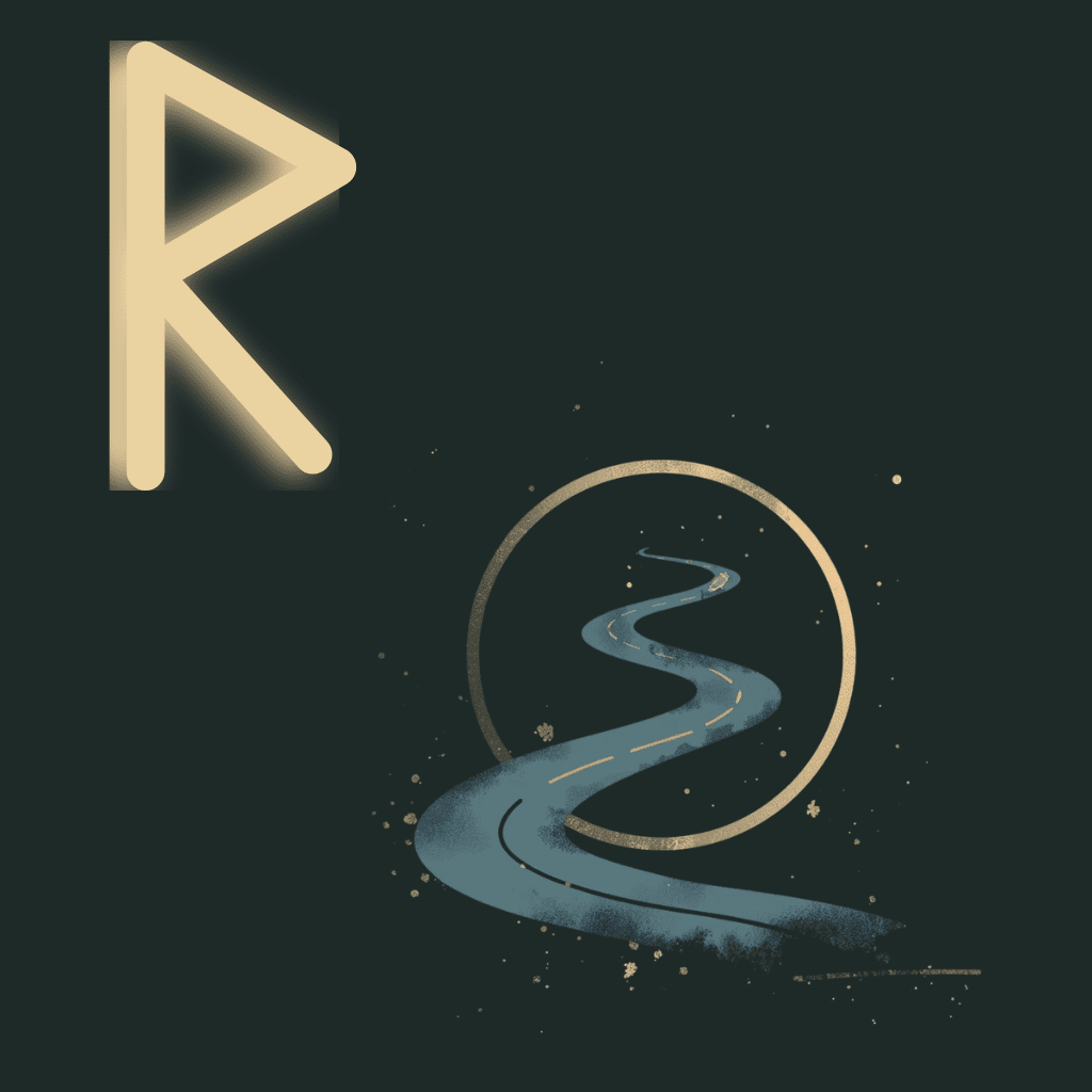 Symbolic illustration of Raidho representing journey, aligned movement, and rhythm through a winding path in dark tones.