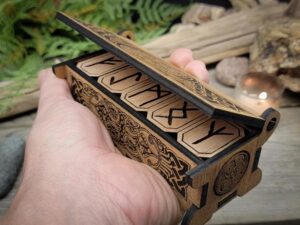 Wooden rune set on cloth, natural light, earthy tones