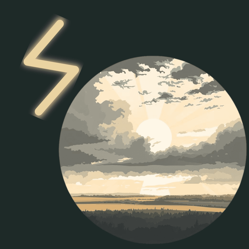 Illustrated Sowilo rune showing the sun breaking through clouds over a wide landscape within a circular frame, symbolizing wholeness, clarity, and restored vitality.