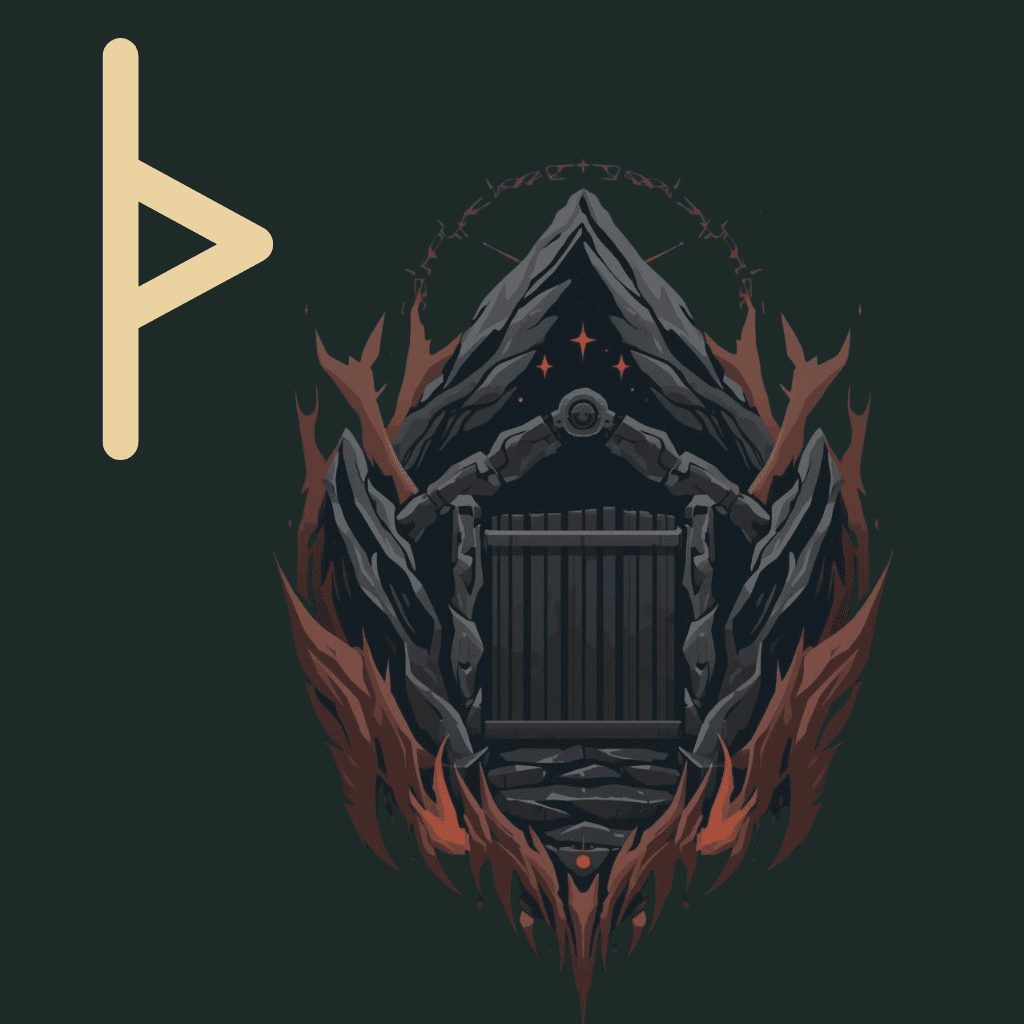 Symbolic illustration of Thurisaz representing a closed gate, mountain boundary, and protective force in dark earthy tones.