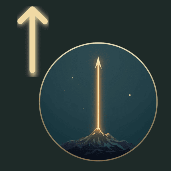 Tiwaz rune illustrated as a vertical spear of light rising from the earth, symbolizing integrity, justice, and unwavering direction