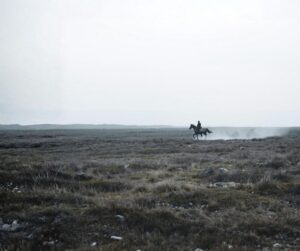 Lone rider crossing an open field under grey skies – symbolizing the flight response and survival through movement