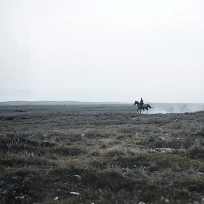 Lone rider crossing an open field under grey skies – symbolizing the flight response and survival through movement