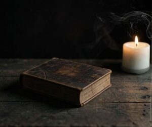 Rune book with candle on wooden table symbolizing spiritual study and Norse wisdom