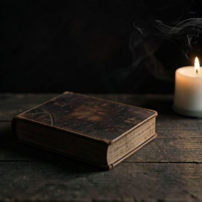 Rune book with candle on wooden table symbolizing spiritual study and Norse wisdom