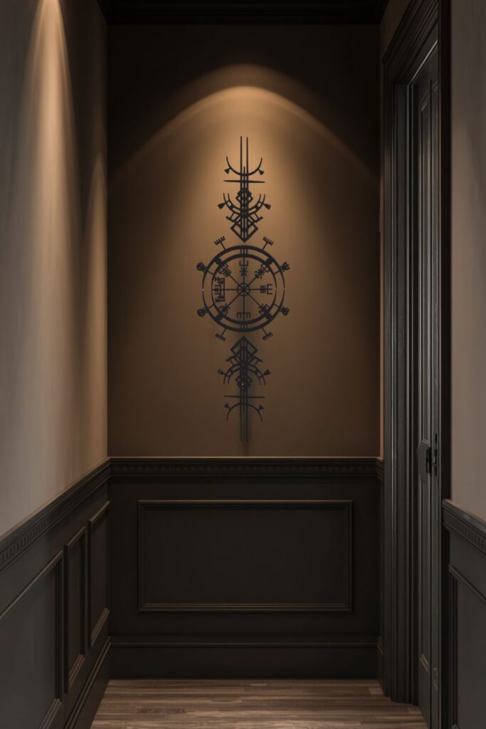 Vegvisir metal wall decor displayed in a dark Nordic hallway with moody lighting and black wall paneling