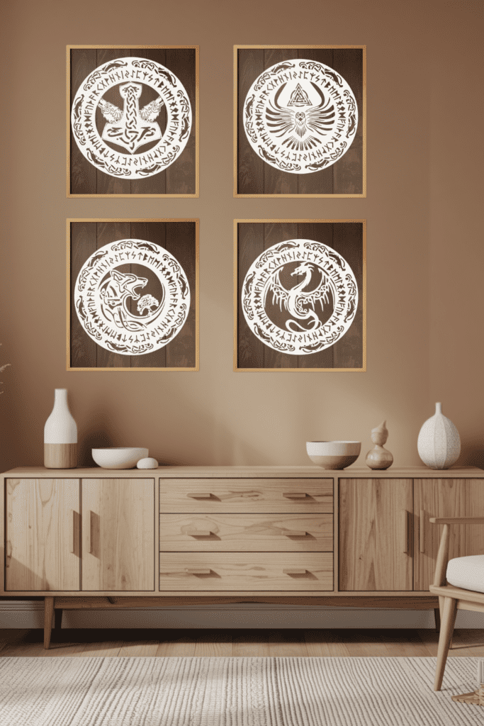 Framed Norse rune wall art in a warm Nordic living room above a light wood sideboard