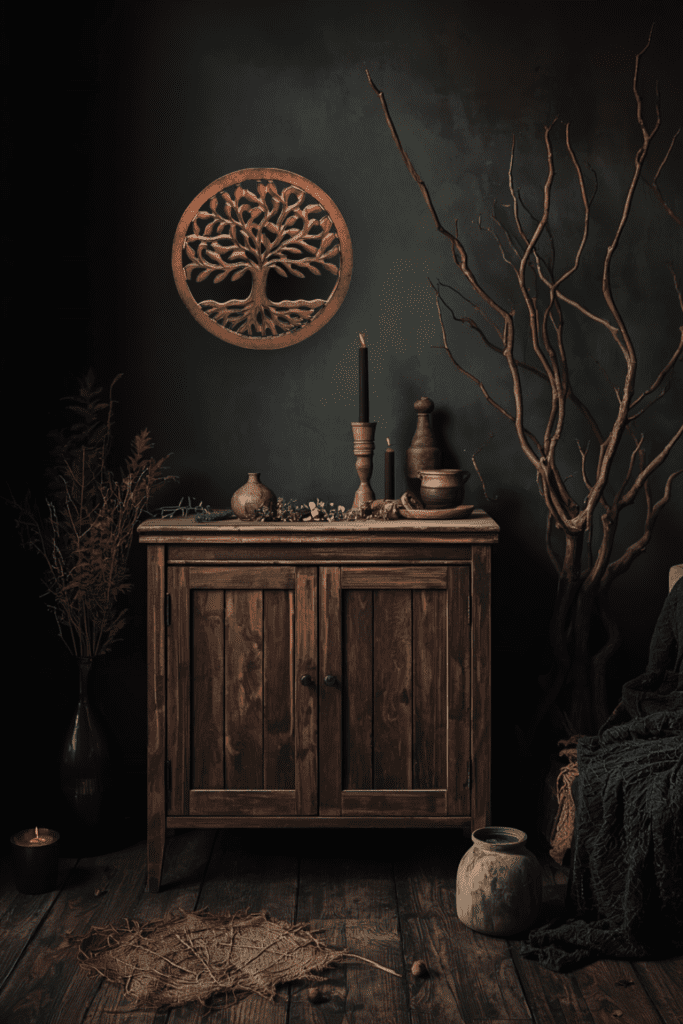 Yggdrasil wall decor in a dark Nordic interior above a rustic wooden cabinet
