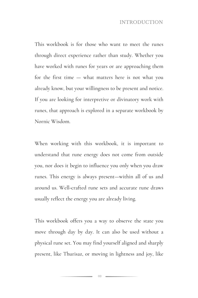 Introduction page of the Listening to the Runes workbook explaining that rune energy is always present within us and the workbook helps observe your inner state day by day