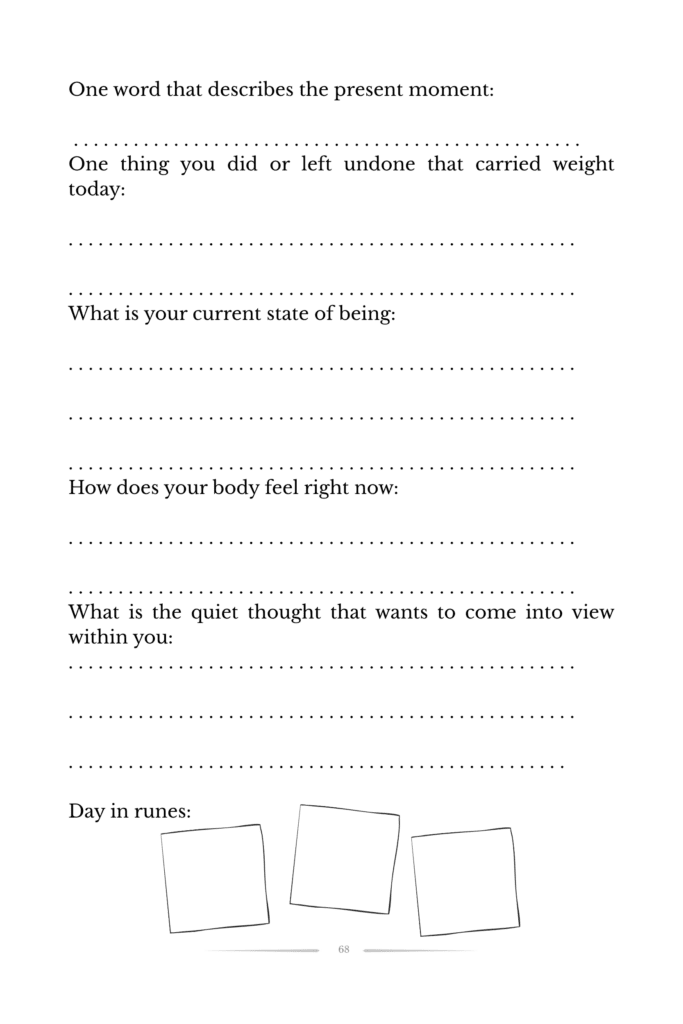 Rune journaling workbook page with prompts: one word for the present moment, state of being, body awareness, quiet inner thought, and space to draw daily runes