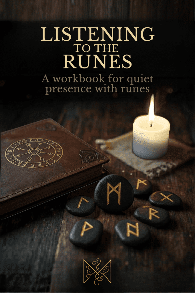 Listening to the Runes workbook cover — Elder Futhark rune stones with gold symbols arranged around a leather journal and burning candle on a dark wooden surface