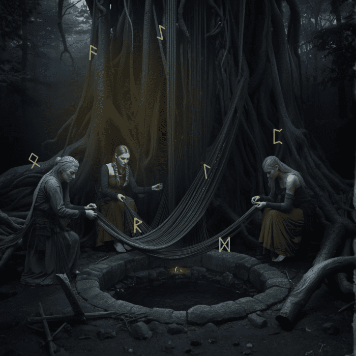 The three Norns of Norse mythology seated beneath an ancient tree in a dark forest, weaving the threads of fate together.